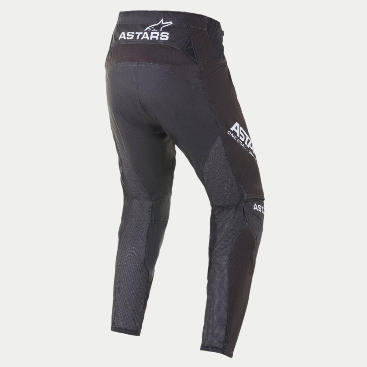 Alpinestars 2021 Techstar Phantom Hose, Motocross-Hose, Schwarz und Weiß, Rückansicht mit weißem ASTARS-Branding am Bund und am Oberschenkel, anthrazitfarbene strukturierte Mesh-Einsätze an den Beinen, Performance-Race-Fit-Design