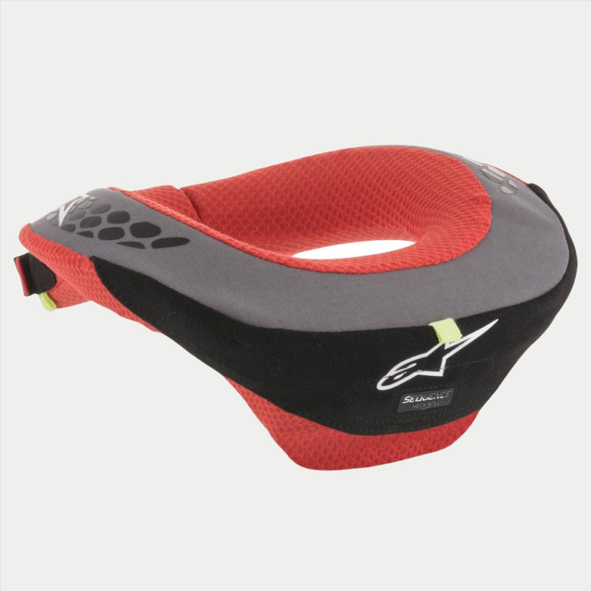 Alpinestars Youth Sequence Neck Roll, Youth Neck Protector, Black and Red with Grey accents, featuring white Alpinestars logo, mesh inner lining, ergonomic safety gear for motocross and karting