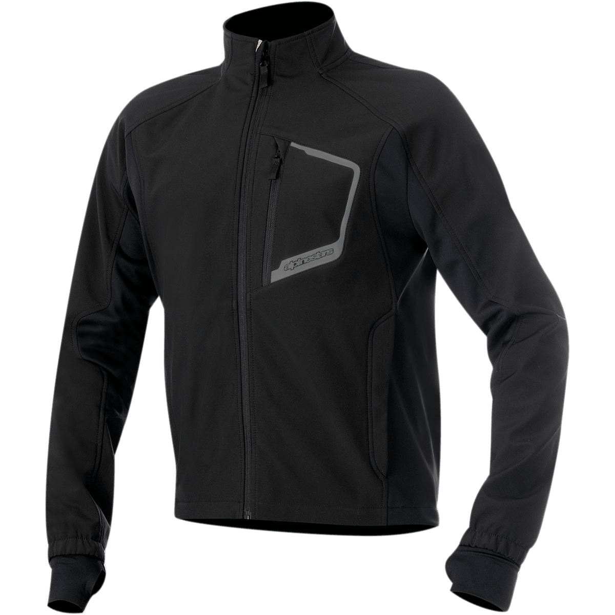 Alpinestars Tech Layer Top, schwarze Motorrad-Funktionsjacke, lange Ärmel mit nahtlosen Lycra-Bündchen und Daumenschlaufen, hoher Kragen, vertikale Brusttasche mit Reißverschluss, reflektierendem grauen Rand und Alpinestars-Branding, durchgehender Frontreißverschluss, technisches winddichtes Material