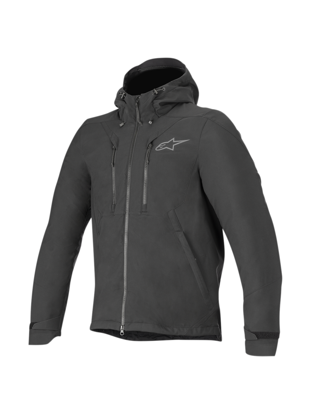Alpinestars Domino Tech Jacke, schwarze Herren-Motorradjacke, Urban-Softshell mit fester Kapuze und wasserabweisendem Finish