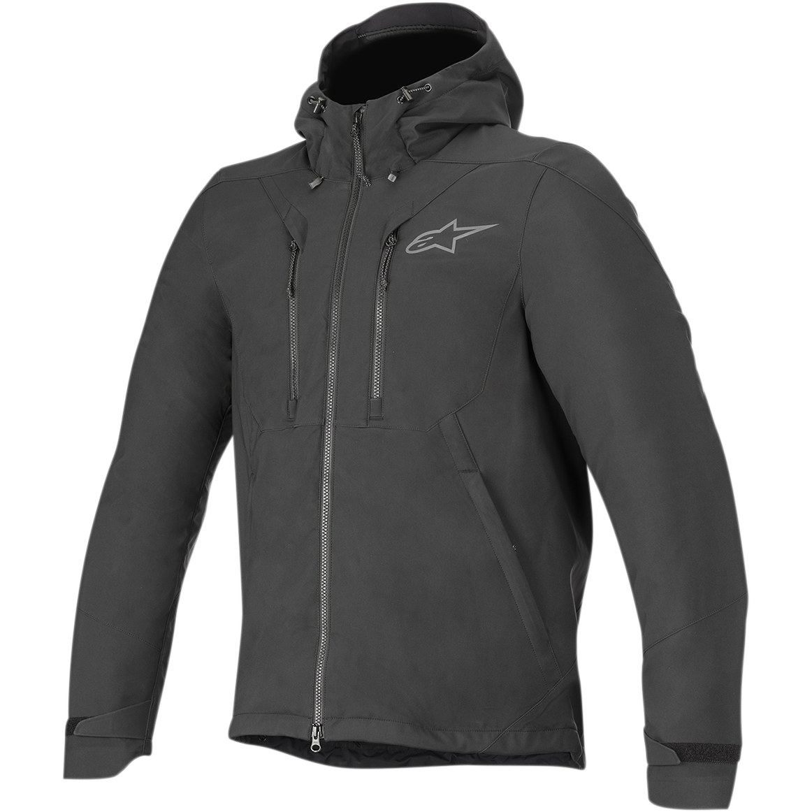 Alpinestars Domino Tech Jacket, Urban Motorcycle Jacket, Black, featuring a fixed hood with drawstrings, central front zipper, dual vertical chest zippers, and adjustable cuff straps, subtle gray Astar logo on left chest, technical softshell design for road riding