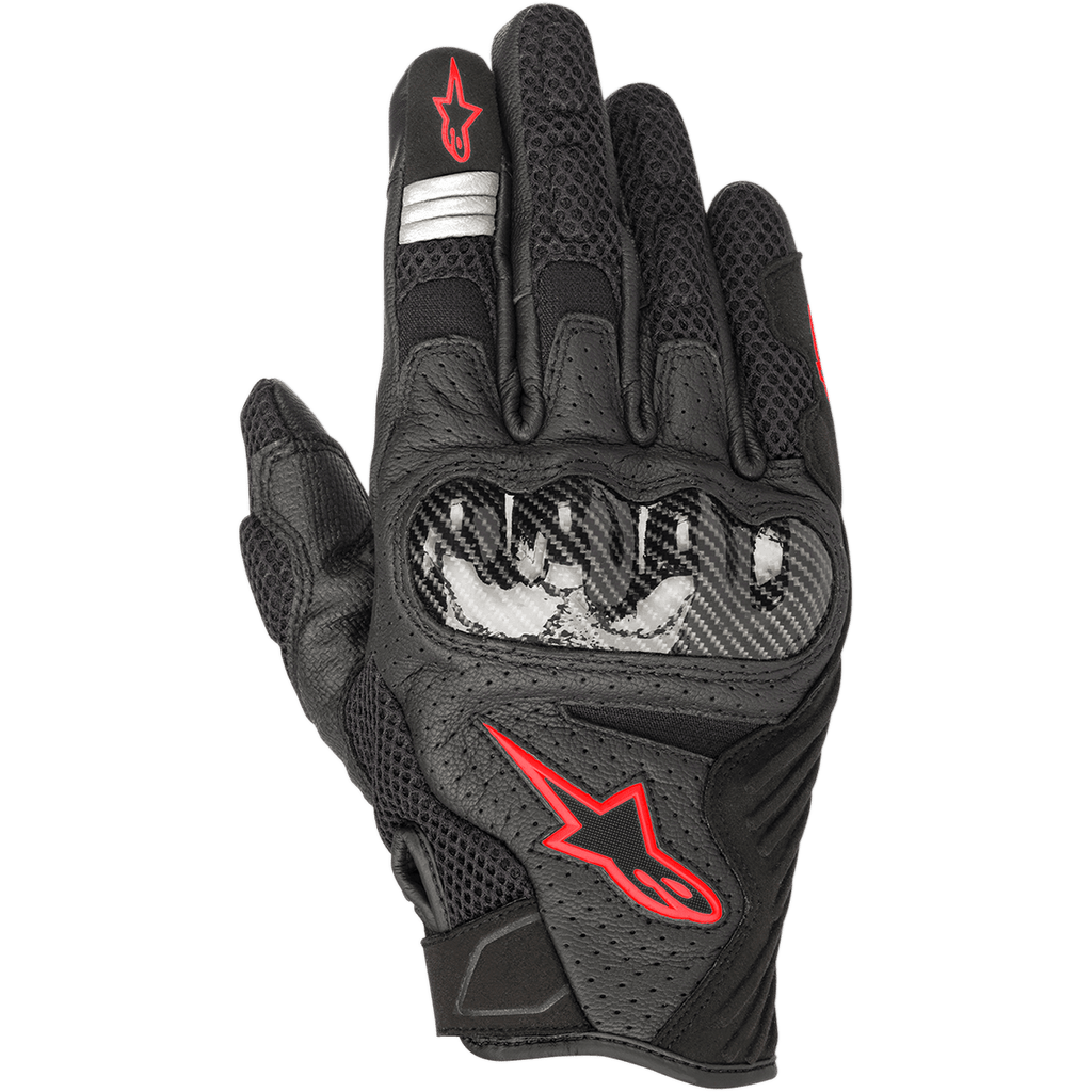 Alpinestars SMX-1 Air V2 Handschuhe, Motorrad-Straßenhandschuhe, Schwarz und Neonrot, harter Knöchelprotektor im Carbon-Look, rotes Alpinestars Stern-Logo, silberne reflektierende Streifen, perforiertes Leder mit atmungsaktiven Mesh-Einsätzen