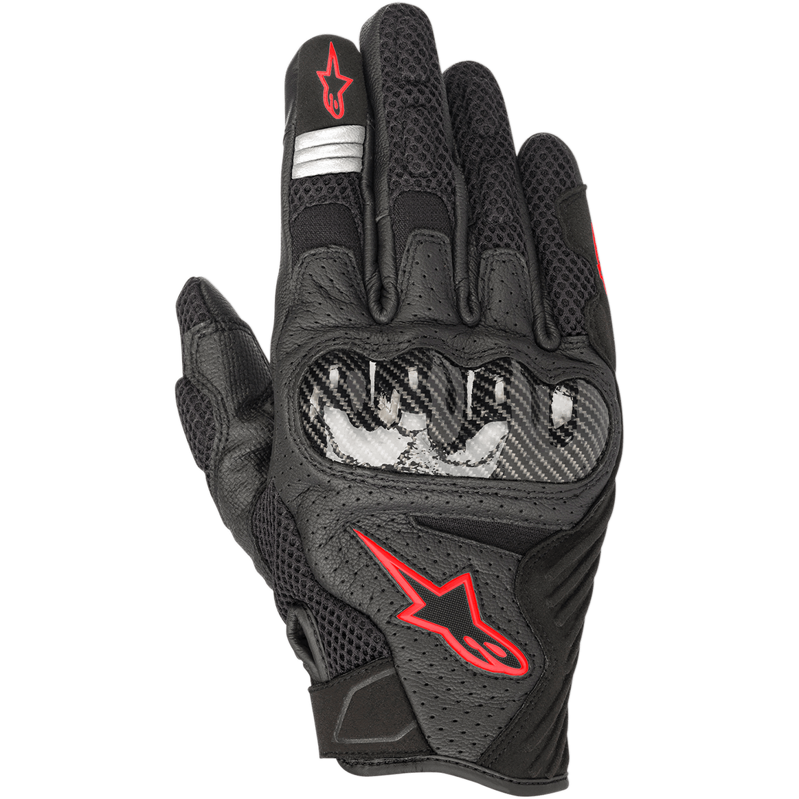 Alpinestars SMX-1 Air V2 Gloves, Motorcycle Road Riding Gloves, Black and Red Fluo, featuring a hard carbon fiber-style knuckle protector, red Alpinestars star logo, silver reflective stripes, and perforated leather with breathable mesh panels.