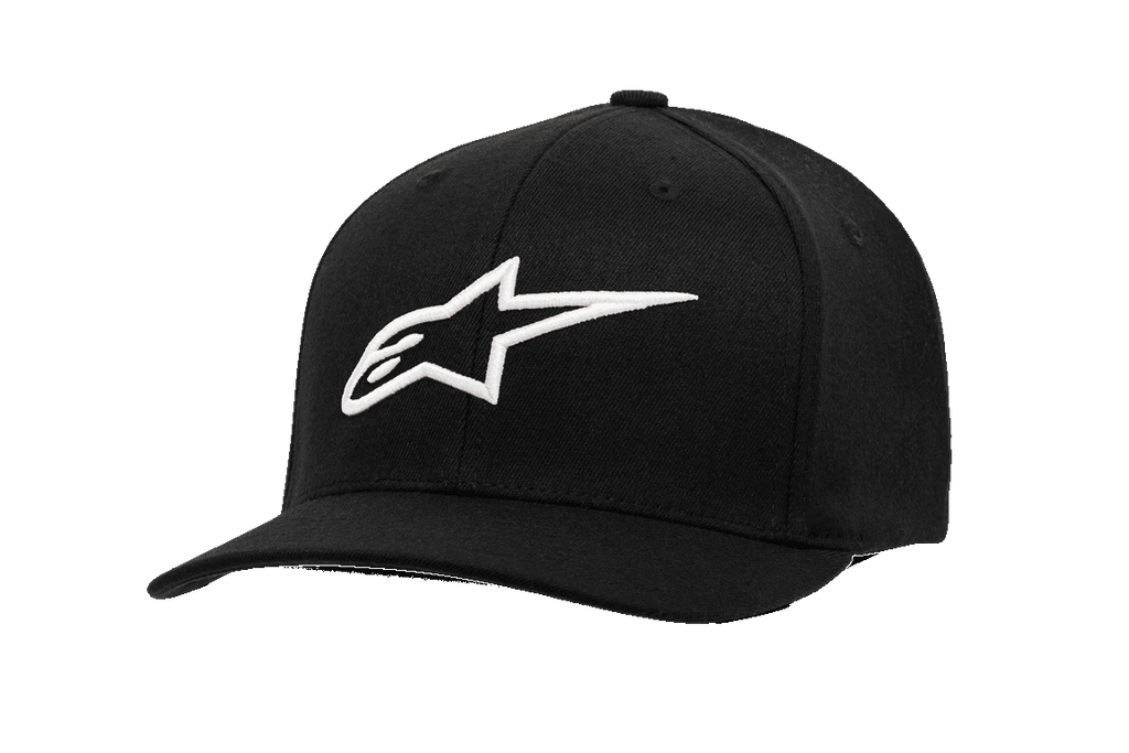 Alpinestars Ageless Curve Hat, schwarze Baseballkappe mit weißem, 3D-besticktem Sternlogo, gebogener Schirm, strukturierte Krone, Twill-Gewebe, lässige Motorsport-Sportbekleidung