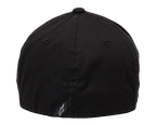 Alpinestars Ageless Curve Hat, schwarze Sportswear-Cap, Rückansicht mit Flex-Back-Design, kleines schwarzes Label mit weißem Logo auf der Rückseite, Twill-Gewebe-Konstruktion