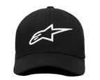 Alpinestars Ageless Curve Kappe, Vorderansicht, schwarzer Twill-Stoff mit 3D-besticktem weißem Alpinestars-Logo, Baseballkappe mit gebogenem Schirm, lässiger Sportbekleidungsstil