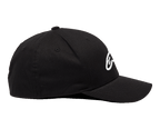 Alpinestars Ageless Curve Mütze, Schwarz und Weiß, Seitenprofil mit gebogenem Schirm und weißem 3D-besticktem Logo, lässige Sportbekleidung
