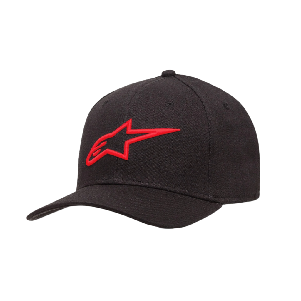 Alpinestars Ageless Curve Hat, Schwarze Baseballkappe mit rotem 3D-besticktem Logo, Gebogener Schirm, Twill-Stoff, Lässige Sport-Kopfbedeckung
