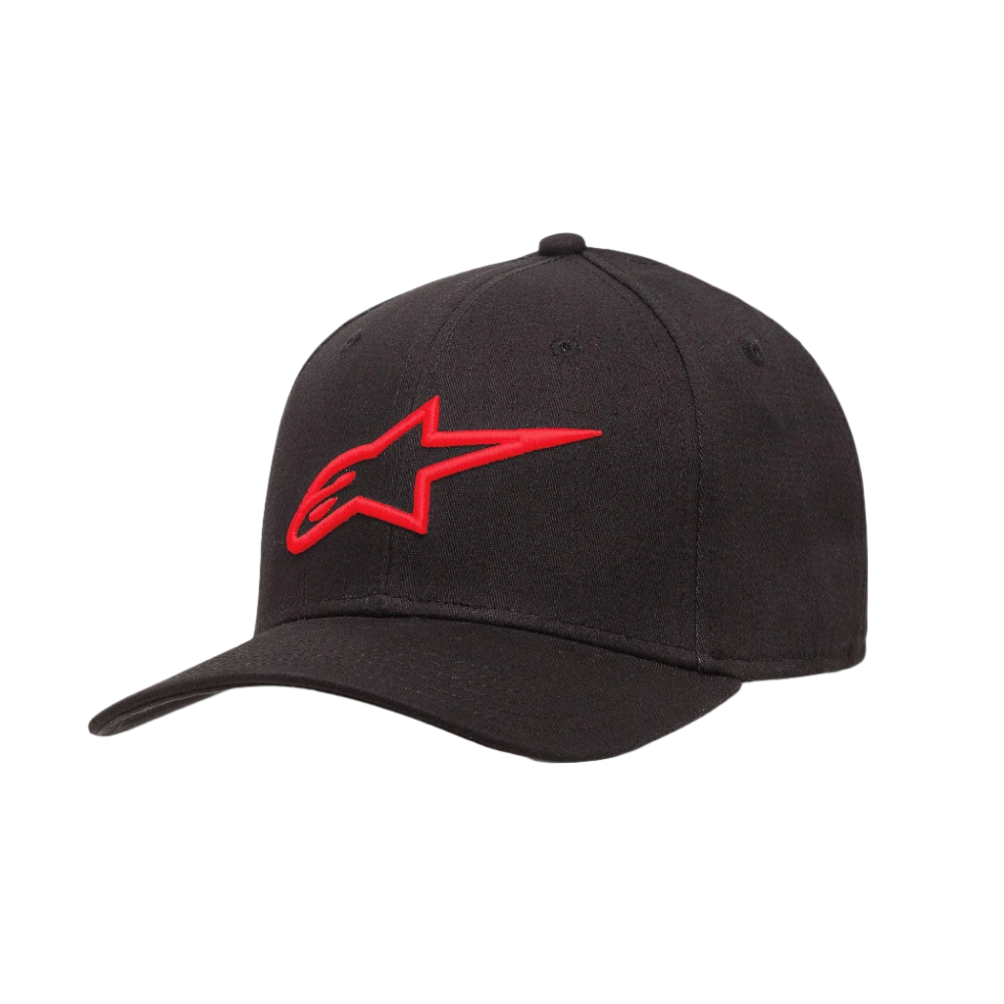 Alpinestars Ageless Curve Hat, Schwarze Baseballkappe mit rotem 3D-besticktem Logo, Gebogener Schirm, Twill-Stoff, Lässige Sport-Kopfbedeckung