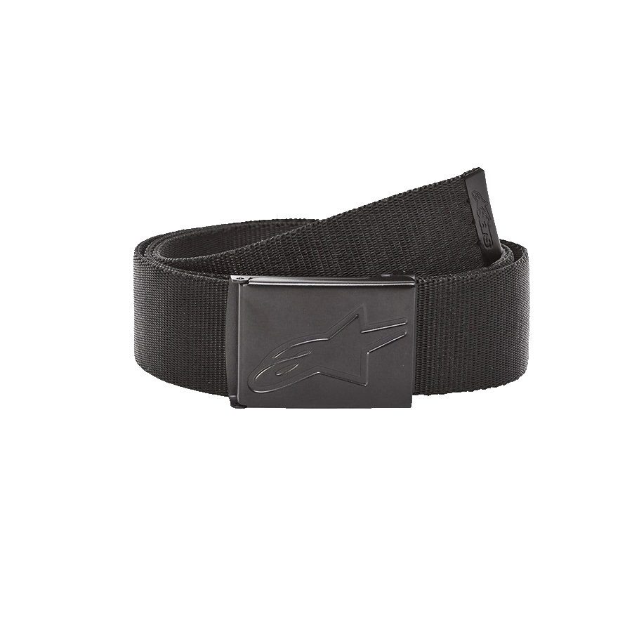 Alpinestars Ageless Web-Gürtel, schwarzer gewebter Stoffgürtel, Metall-Klemmschnalle mit geprägtem Stern-Logo, Metallspitze mit Logo, strapazierfähiges Accessoire für Freizeit und Sport