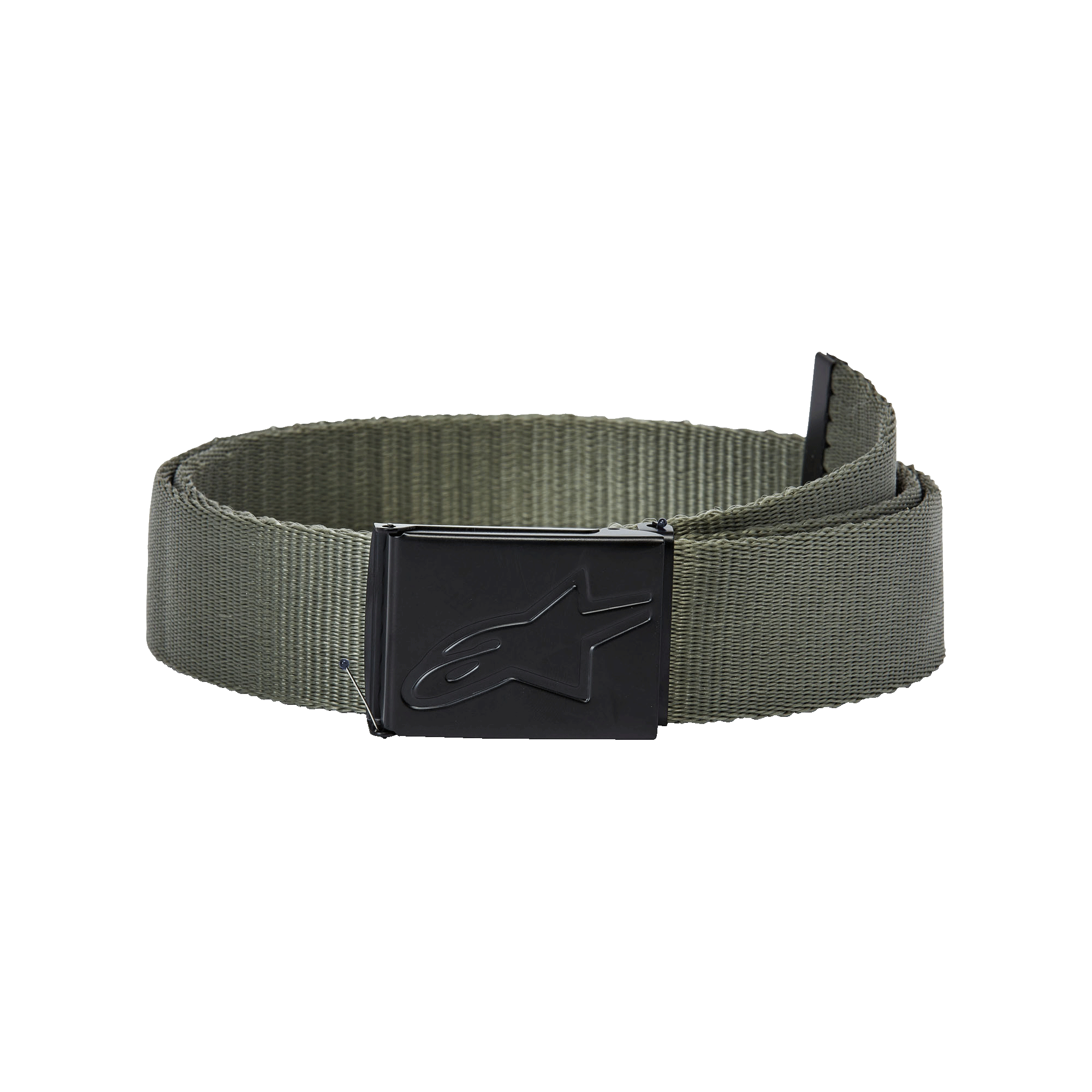 Alpinestars Ageless Web Belt, Military Green and Black, featuring a woven polypropylene strap and a black metal clamp buckle with a debossed star logo, casual sportswear accessory
