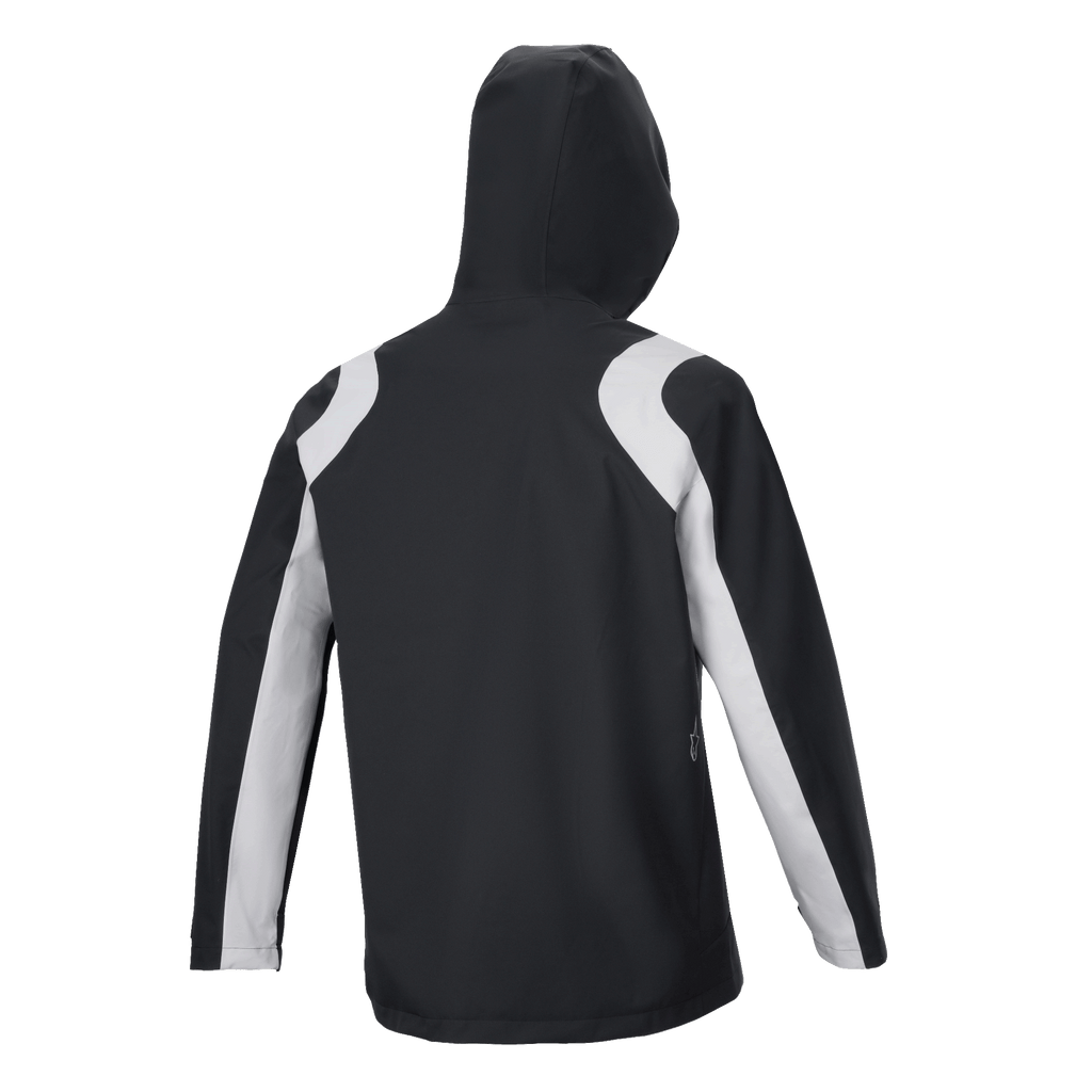 Alpinestars A-Dura Regenjacke, Schwarz und Weiß, Rückansicht einer Mountainbike-Regenjacke mit Kapuze, hellgraue Kontrasteinsätze an den Schultern und Ärmeln.