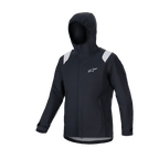 Alpinestars A-Dura Regenjacke, MTB-Regenjacke, Schwarz mit grauen Schultereinsätzen, weißes Astars-Logo auf der Brust, wasserdichtes Design mit Kapuze und 2,5-lagiger Membran, funktionelle technische Ausrüstung für den Offroad-Radsport