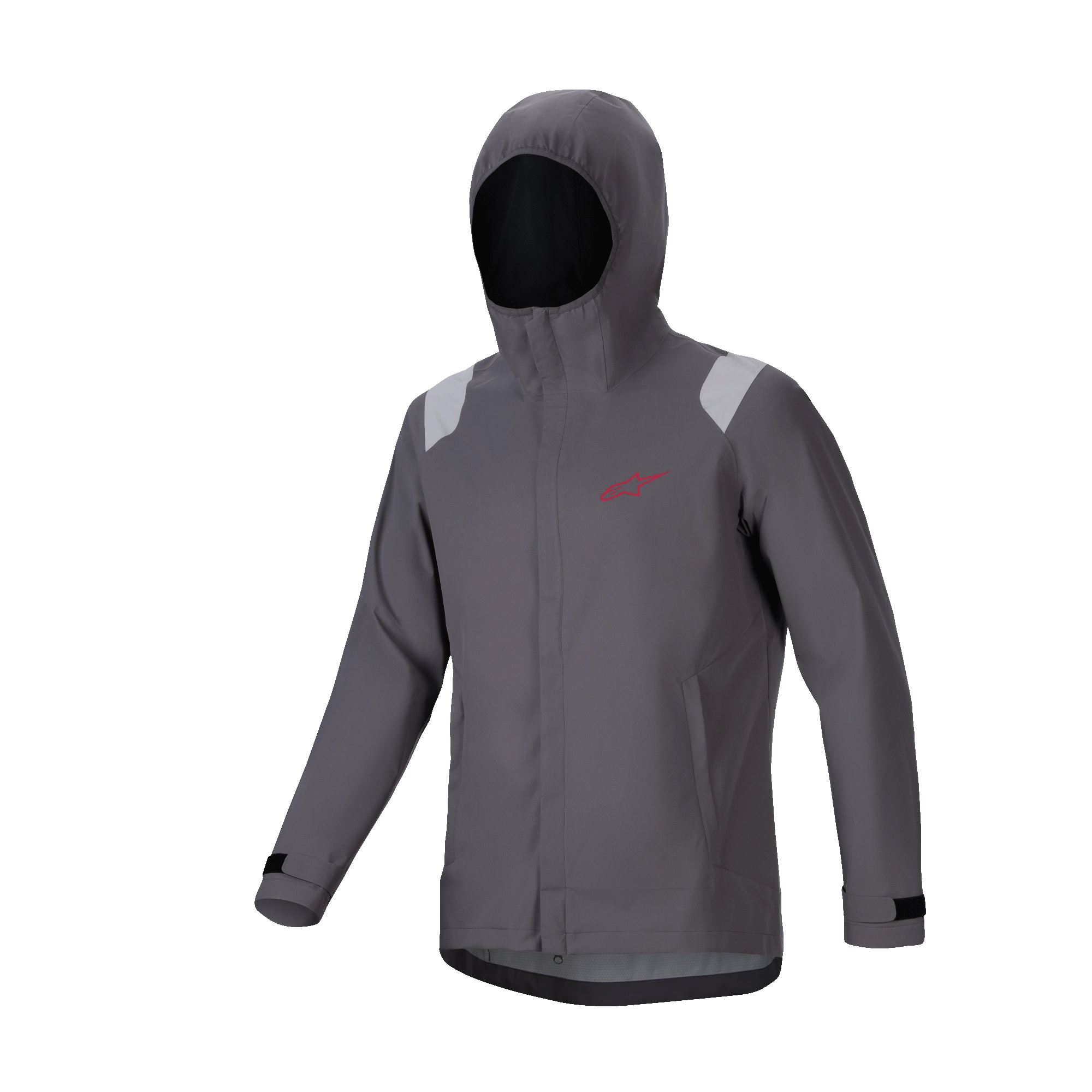 Alpinestars A-Dura Regenjacke, Mountainbike-Regenjacke, Dark Titanium Grau, Kapuzendesign mit rotem Stern-Logo, hellgraue Schulterdetails, verstellbare Klettverschluss-Bündchen, technische wasserfeste Performance-Ausrüstung für MTB.