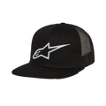 Alpinestars Corp Trucker Hat, flat bill trucker cap, Black, white 3D embroidered Alpinestars logo on front, mesh back panels, structured crown, casual motorsport streetwear