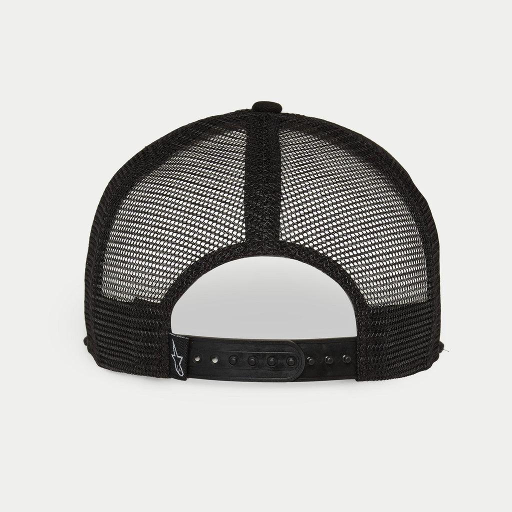 Alpinestars Corp Trucker Hat, White and Black, back view featuring black breathable mesh panels, adjustable snapback closure, small Alpinestars logo on the rear tag, casual motorsport-inspired headwear