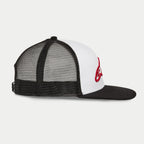 Alpinestars Corp Trucker Hat, White and Black, side profile showing white front panel with red 3D embroidered logo, black flat bill and mesh back, casual motorsport streetwear