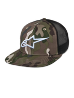 Alpinestars Corp Trucker Cap, Grünes Camouflage und Schwarz, Tarnmuster mit weiß gesticktem A-Star-Logo, schwarze Mesh-Einsätze auf der Rückseite, flacher Schirm, Casual-Lifestyle-Kopfbedeckung