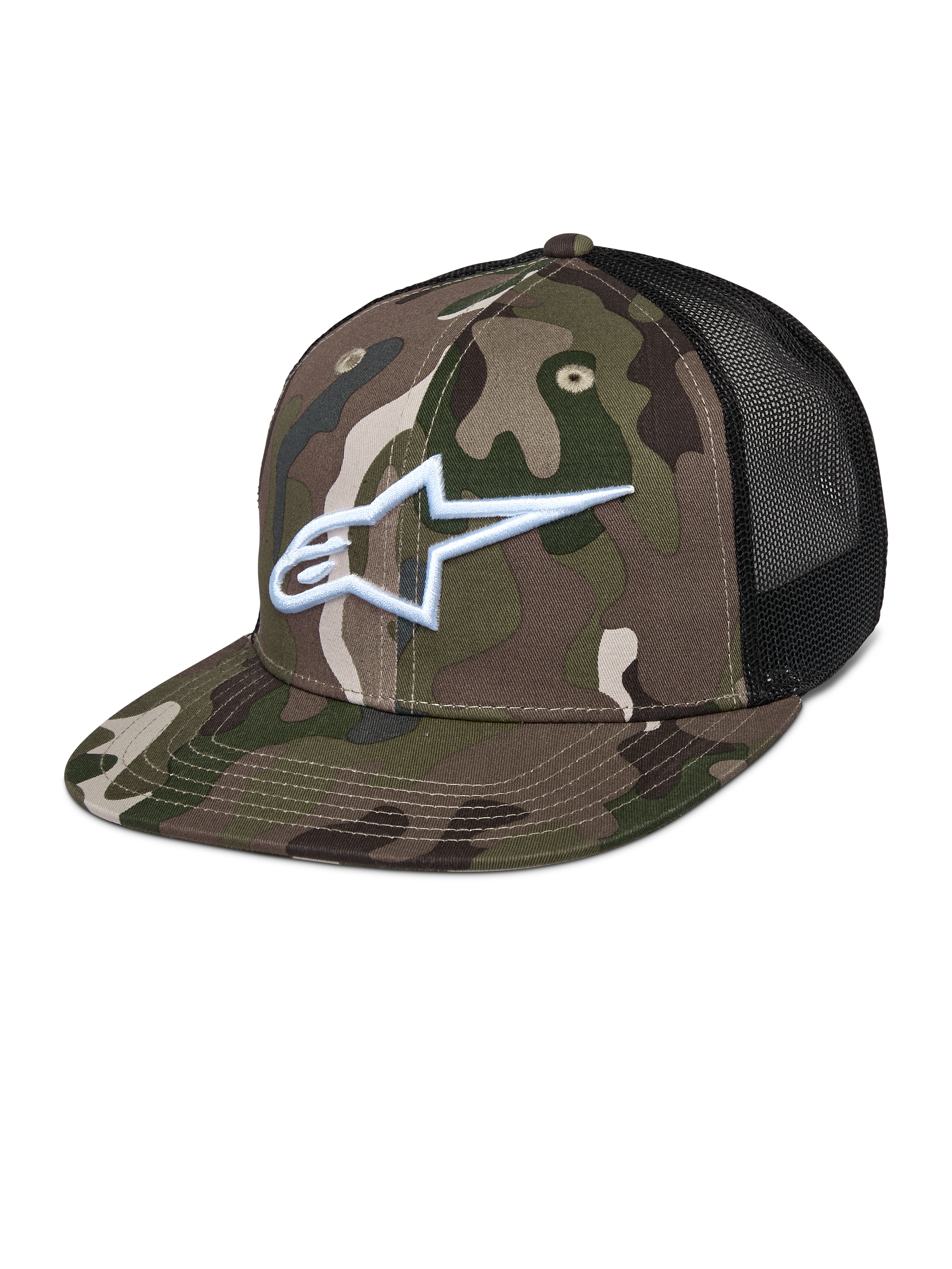 Alpinestars Corp Trucker Cap, Grünes Camouflage und Schwarz, Tarnmuster mit weiß gesticktem A-Star-Logo, schwarze Mesh-Einsätze auf der Rückseite, flacher Schirm, Casual-Lifestyle-Kopfbedeckung