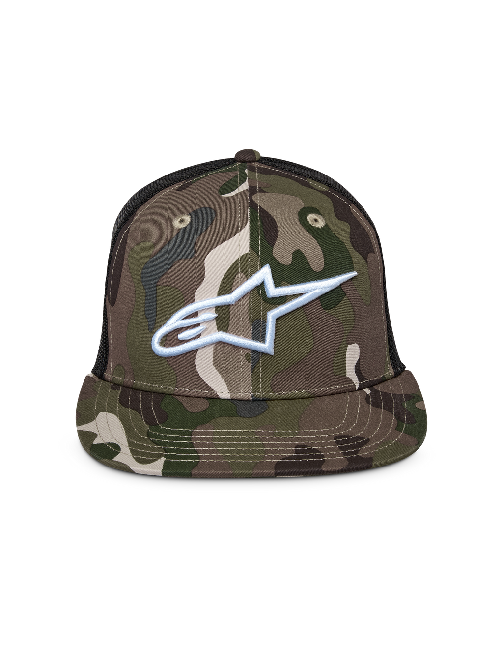 Alpinestars Corp Trucker Cap, Grünes Camo und Schwarz, Trucker-Cap mit flachem Schirm und Mesh-Rückseite, weiß gesticktes Alpinestars-Logo auf der Vorderseite, lässige Motorsport-Streetwear