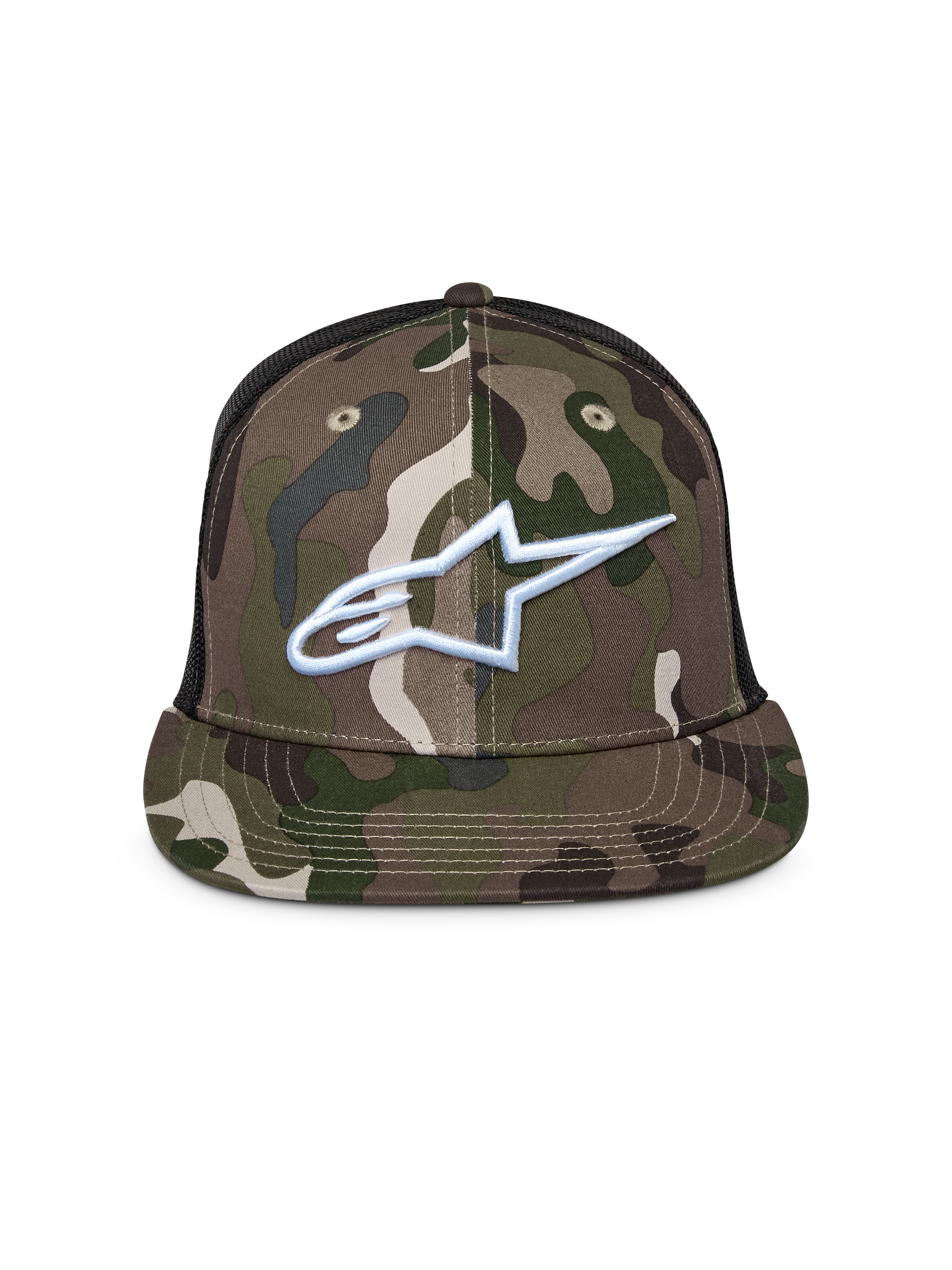 Alpinestars Corp Trucker Cap, Grünes Camo und Schwarz, Trucker-Cap mit flachem Schirm und Mesh-Rückseite, weiß gesticktes Alpinestars-Logo auf der Vorderseite, lässige Motorsport-Streetwear