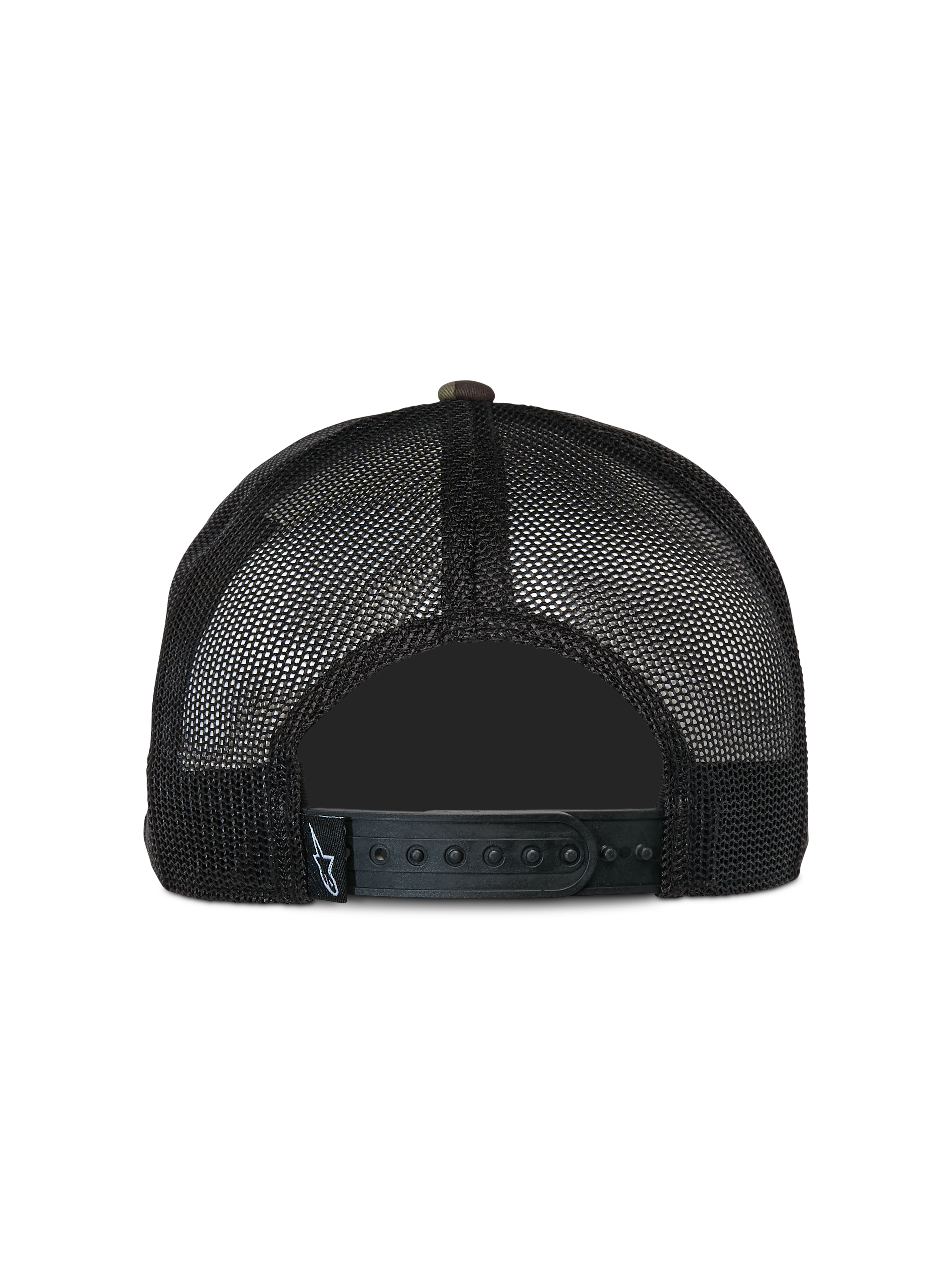 Alpinestars Corp Trucker Cap, Freizeit-Trucker-Cap, Green Camo und Schwarz, Rückansicht mit schwarzen Mesh-Einsätzen und verstellbarem Snapback-Verschluss, kleines gewebtes Logo-Etikett, klassisches vom Motorsport inspiriertes Design