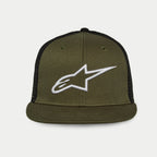 Alpinestars Corp Trucker Hat, Trucker-Kappe mit flachem Schirm, Vorderseite und Schirm in Military Green mit schwarzer Mesh-Rückseite, weißes gesticktes 3D-A-Star-Logo, strukturierte Krone, lässige Motorsport-Kopfbedeckung