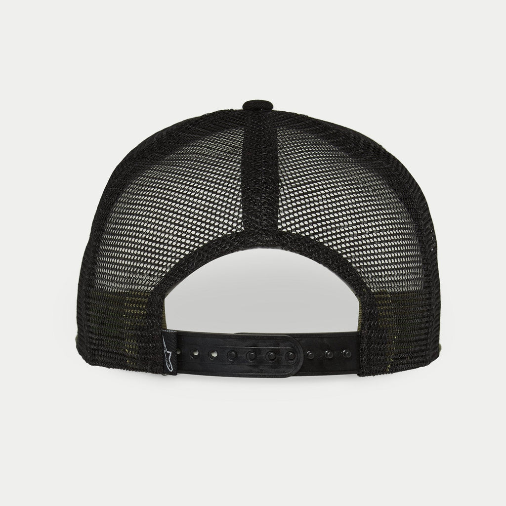 Alpinestars Corp Trucker Mütze, Military Black, Rückansicht mit schwarzen Mesh-Einsätzen und verstellbarem Snapback-Verschluss, kleines gewebtes Logo-Label, lässige vom Motorsport inspirierte Kopfbedeckung