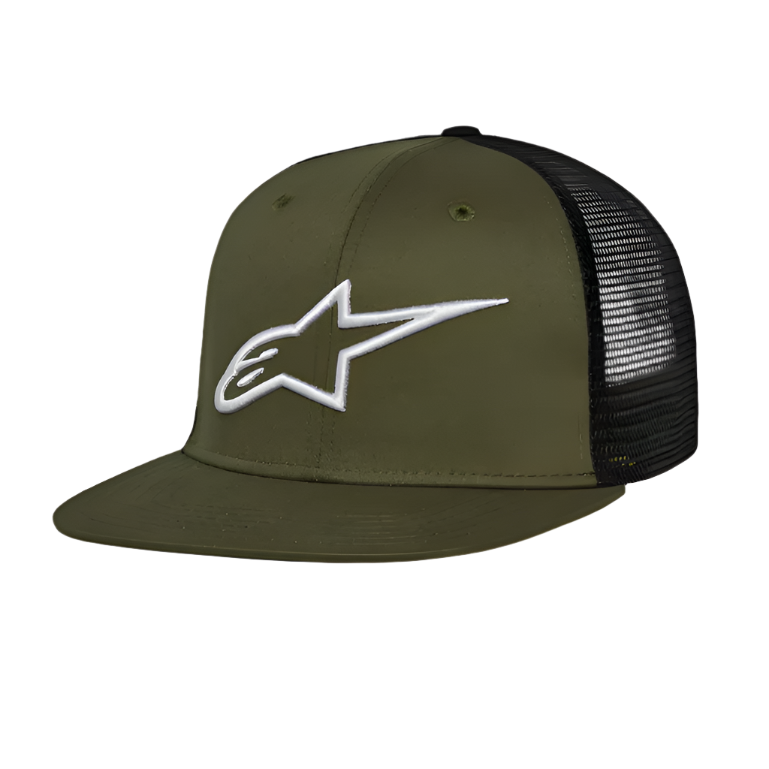 Alpinestars Corp Trucker Mütze, Trucker-Kappe mit flachem Schirm, Militärgrün und Schwarz, weißes 3D-gesticktes Alpinestars-Logo auf der Vorderseite, Twill-Vorderseite und Mesh-Rückseite, lässige Motorsport-Kopfbedeckung
