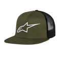 Alpinestars Corp Trucker Mütze, Trucker-Kappe mit flachem Schirm, Militärgrün und Schwarz, weißes 3D-gesticktes Alpinestars-Logo auf der Vorderseite, Twill-Vorderseite und Mesh-Rückseite, lässige Motorsport-Kopfbedeckung