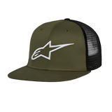 Alpinestars Corp Trucker Mütze, Trucker-Kappe mit flachem Schirm, Militärgrün und Schwarz, weißes 3D-gesticktes Alpinestars-Logo auf der Vorderseite, Twill-Vorderseite und Mesh-Rückseite, lässige Motorsport-Kopfbedeckung