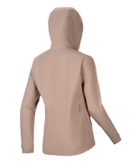Alpinestars Stella A-Dura Regenjacke, Damen-MTB-Regenjacke, Hellbraun, Rückansicht mit Kapuze und schlichter Silhouette, dezentes schwarzes Logo-Detail am unteren Rücken, wasserdichte technische 2,5-Lagen-Konstruktion für MTB
