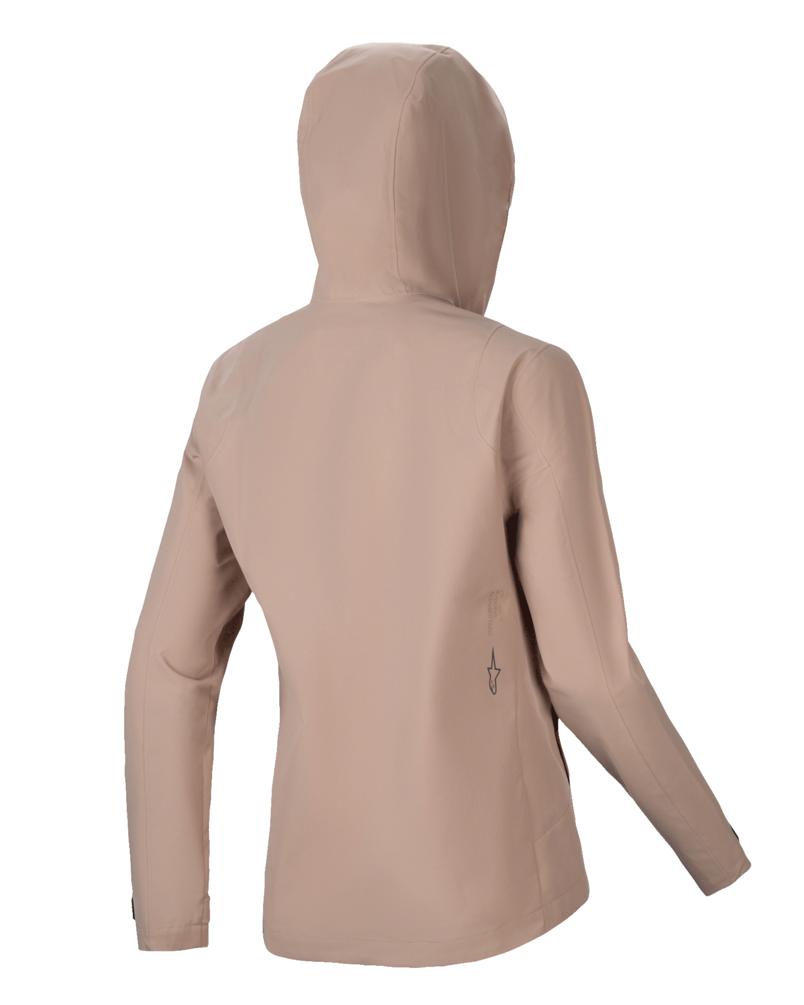 Alpinestars Stella A-Dura Regenjacke, Damen-MTB-Regenjacke, Hellbraun, Rückansicht mit Kapuze und schlichter Silhouette, dezentes schwarzes Logo-Detail am unteren Rücken, wasserdichte technische 2,5-Lagen-Konstruktion für MTB