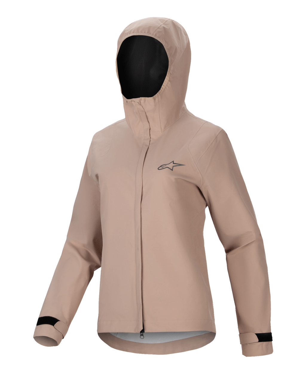 Alpinestars Stella A-Dura Regenjacke, Damen-Fahrrad-Regenjacke, Hellbraun, Kapuzendesign mit Frontreißverschluss und Windschutzleiste, schwarze verstellbare Klettverschluss-Bündchen, mit kleinem Brustlogo, wasserdichtes und atmungsaktives Performance-Material für MTB-Fahrten