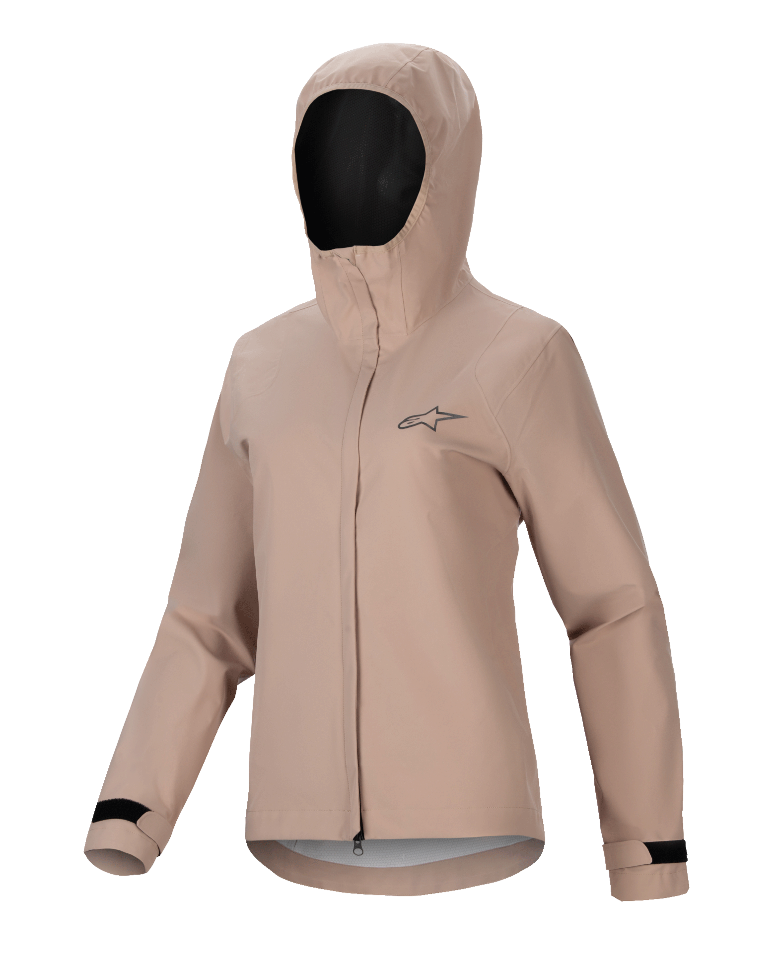 Alpinestars Stella A-Dura Regenjacke, Damen-Fahrrad-Regenjacke, Hellbraun, Kapuzendesign mit Frontreißverschluss und Windschutzleiste, schwarze verstellbare Klettverschluss-Bündchen, mit kleinem Brustlogo, wasserdichtes und atmungsaktives Performance-Material für MTB-Fahrten