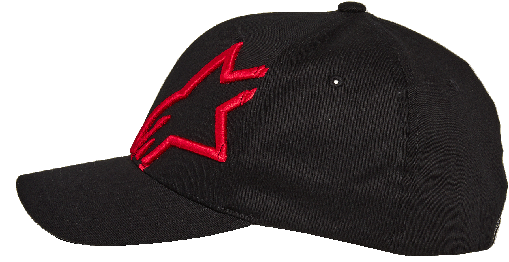 Alpinestars Corp Shift 2 Curved Brim Hat, Black with Red Embroidered Star Logo, Side Profile, Curved Brim Flexfit Baseball Cap, Casual Motorsport Sportswear