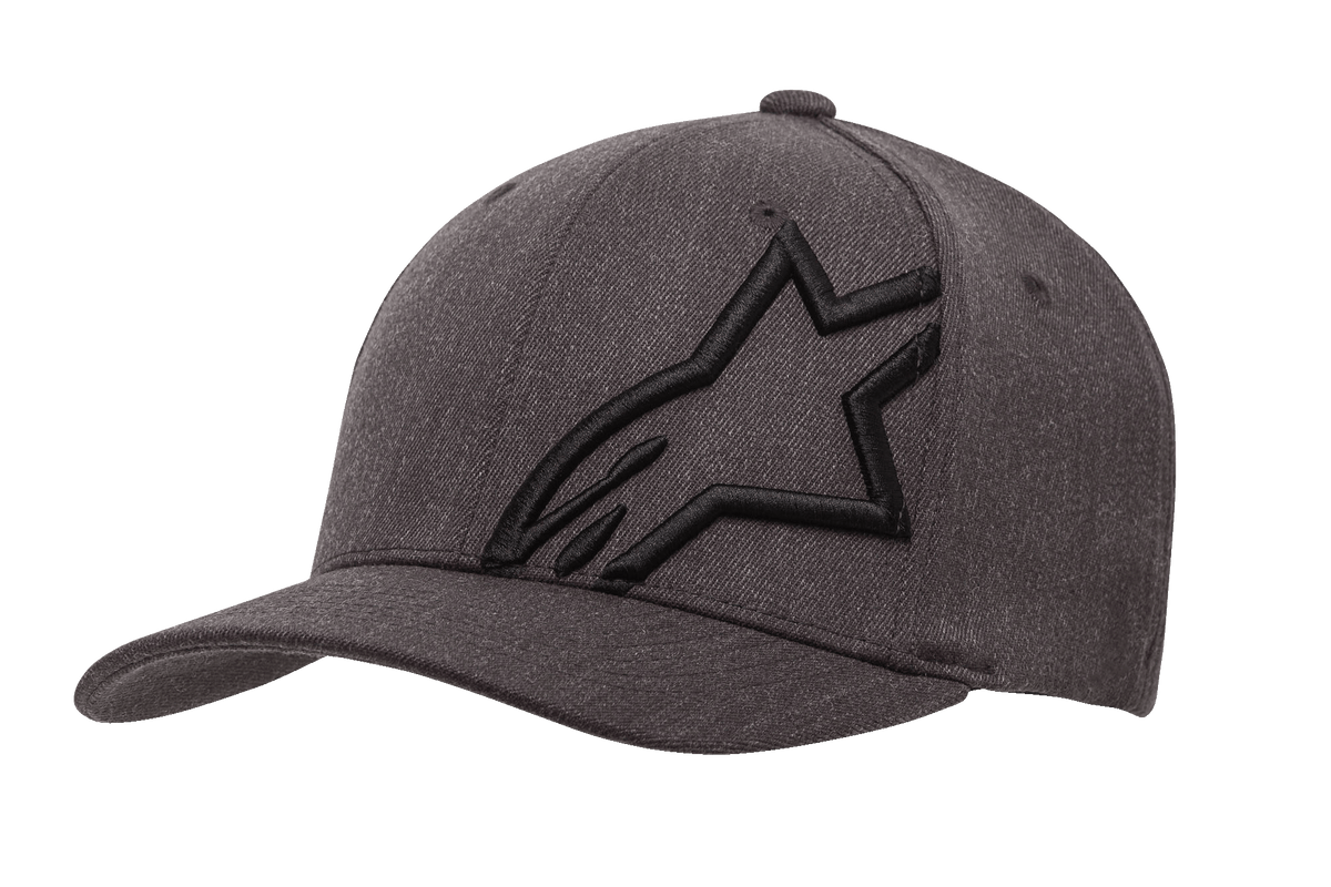 Alpinestars Corp Shift 2 Curved Bill Hat, Dark Heather Gray and Black Baseball Cap, featuring a large black embroidered star logo on the front left panel, curved brim design, textured fabric with ventilation holes, casual motorsport-inspired headwear.
