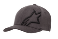 Alpinestars Corp Shift 2 Curved Bill Kappe, Baseball-Kappe in Dunkelgrau meliert und Schwarz, mit einem großen, schwarz bestickten Stern-Logo auf der linken Vorderseite, gebogenem Schirm, strukturiertem Stoff mit Belüftungslöchern, lässige vom Motorsport inspirierte Kopfbedeckung.