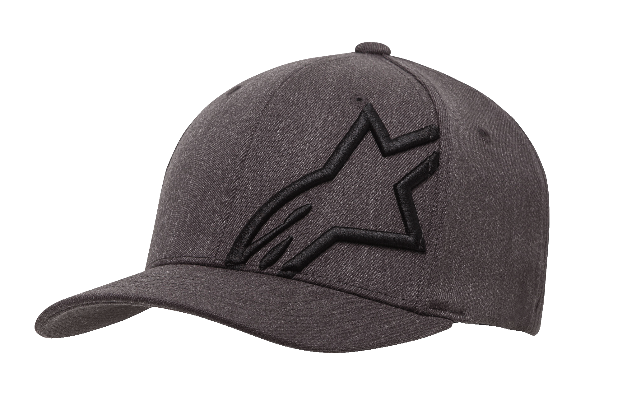 Alpinestars Corp Shift 2 Curved Bill Kappe, Baseball-Kappe in Dunkelgrau meliert und Schwarz, mit einem großen, schwarz bestickten Stern-Logo auf der linken Vorderseite, gebogenem Schirm, strukturiertem Stoff mit Belüftungslöchern, lässige vom Motorsport inspirierte Kopfbedeckung.