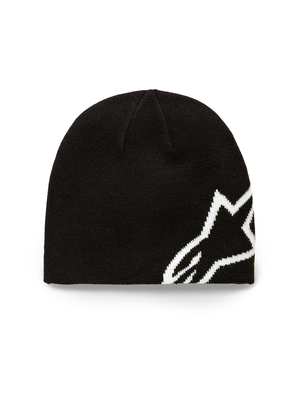 Alpinestars Corp Shift Beanie, schwarze Strickmütze, großes weißes Jacquard-Alpinestars-Logo, Jersey-Strickkonstruktion, lässige, vom Motorsport inspirierte Kopfbedeckung