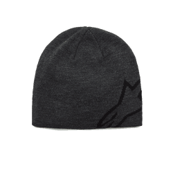 Alpinestars Corp Shift Beanie, Knit Beanie, Charcoal Heather and Black, featuring a large black jacquard Alpinestars logo on the side, sweater knit jersey stitch construction, casual motorsport-inspired winter headwear