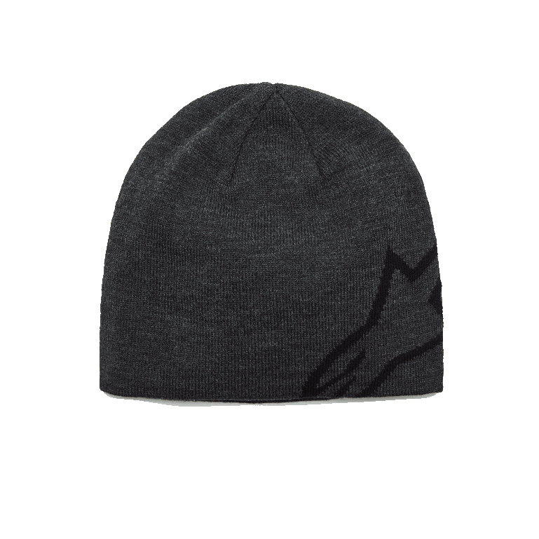 Alpinestars Corp Shift Beanie, Knit Beanie, Charcoal Heather and Black, featuring a large black jacquard Alpinestars logo on the side, sweater knit jersey stitch construction, casual motorsport-inspired winter headwear