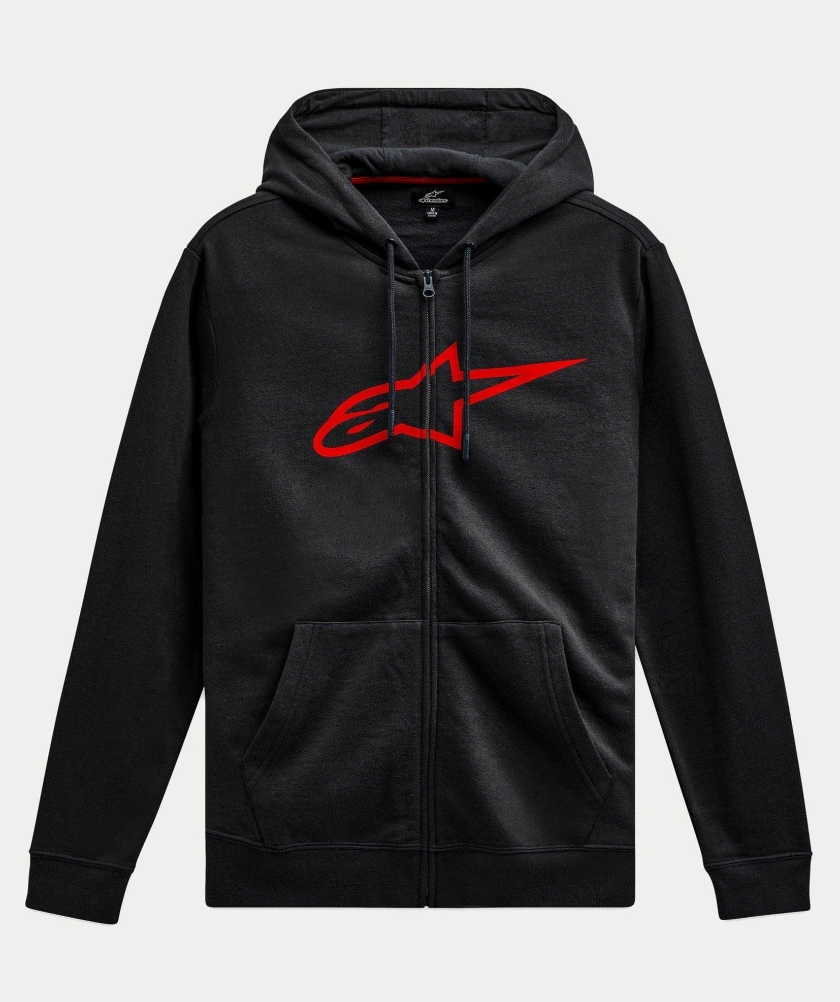 Alpinestars Ageless Zip V3 Hoodie, lässige Streetwear, Schwarz mit großem rotem Alpinestars-Logo auf der Brust, durchgehender Reißverschluss vorne, Kapuze mit Kordelzug, lange Ärmel, Rippbündchen an Ärmeln und Saum