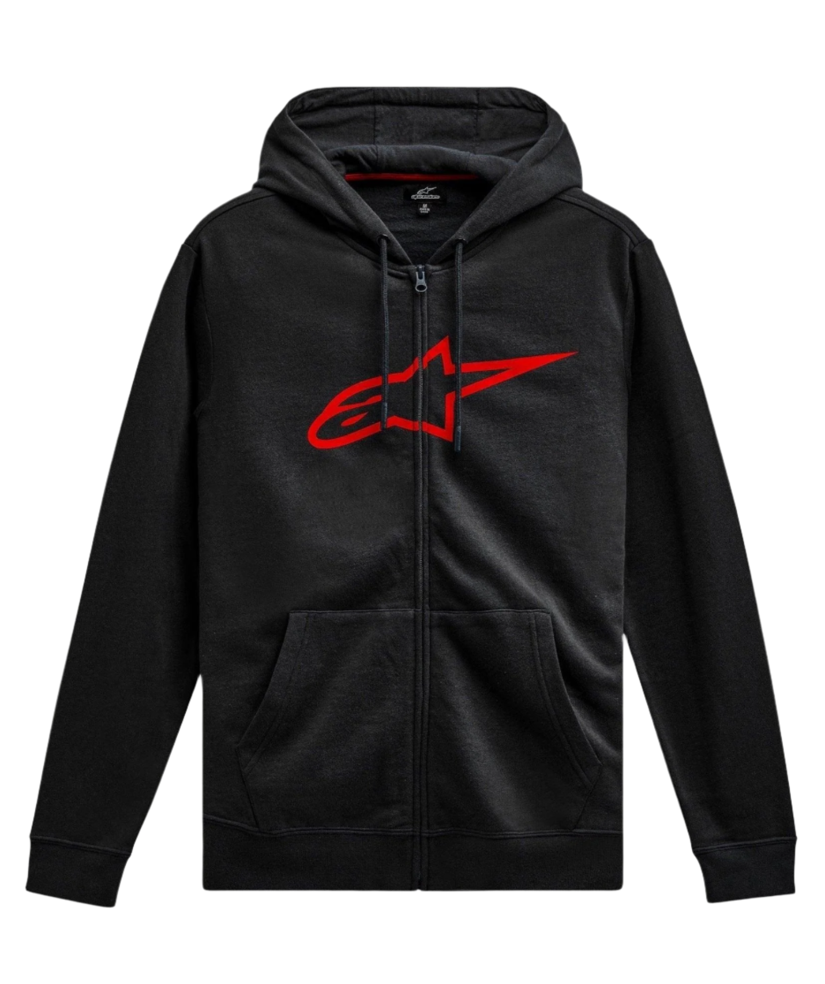 Alpinestars Ageless Zip V3 Hoodie, lässige Motorsport-Streetwear, Schwarz mit rotem Astars-Logo, durchgehender Reißverschluss, Kapuze mit Kordelzug, lange Ärmel, Rippbündchen an Ärmeln und Saum