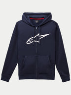 Alpinestars Ageless Zip V3 Hoodie, navy blue full-zip fleece hoodie with a large white Alpinestars logo on the chest, drawstring hood, front pouch pockets, casual motorsport-inspired streetwear
