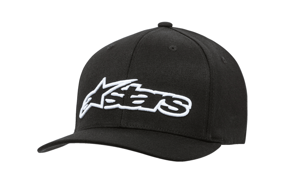 Alpinestars Blaze Flexfit Hat, schwarze Baseball-Cap mit weißem 3D-Sticklogo, gebogener Schirm, strukturierte Six-Panel-Krone mit Belüftungsösen, lässige Motorsport-Kopfbedeckung