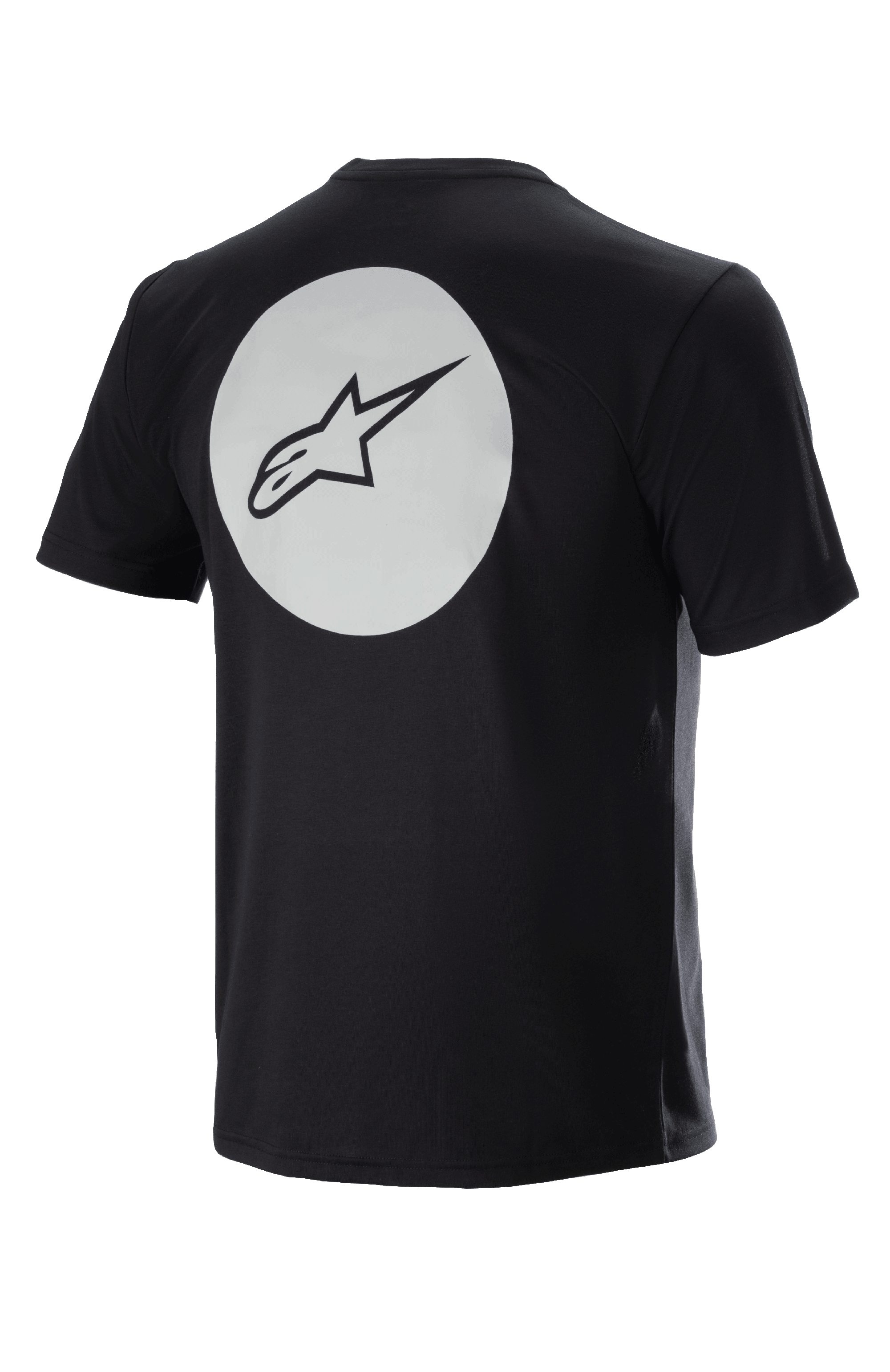 Alpinestars Dot Tech Tee, kurzärmeliges Fahrradtrikot, Schwarz, Rückansicht mit großem weißem Kreis und schwarzem A-star-Logo, feuchtigkeitsableitendes DriRelease-Gewebe zum Mountainbiken