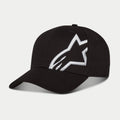 Alpinestars Corp Snap 2 Hat, Black and White, featuring a curved bill and structured crown, large white 3D embroidered Alpinestars logo on the left panel, classic snapback design