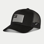 Alpinestars Flag Snapback Hat, Black, baseball cap featuring a black mesh back and curved bill, front printed flag patch with Alpinestars logo, side logo embroidery, casual motorsport-inspired headwear