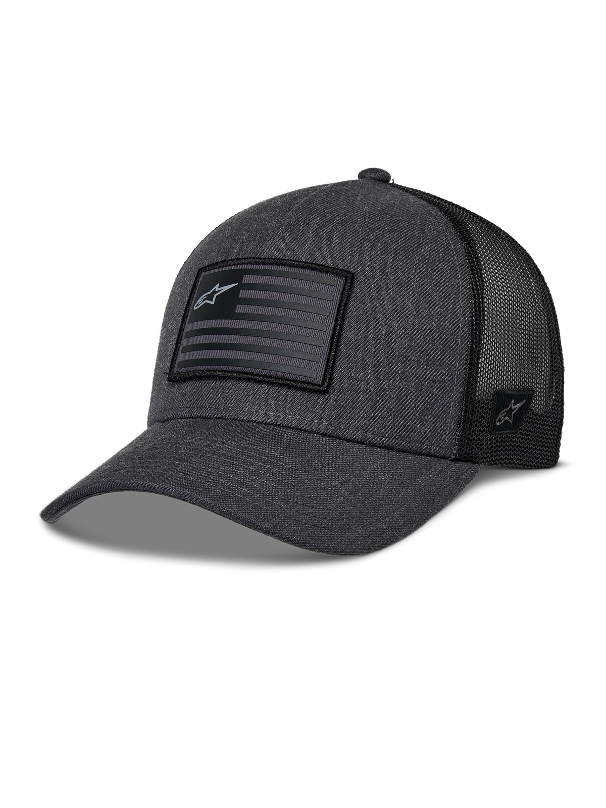 Alpinestars Flag Snapback Mütze, Dunkelgrau Meliert und Schwarz, Baseball-Kappe im Trucker-Stil, rechteckiger Flaggen-Patch mit Stern-Logo, gebogener Schirm und atmungsaktive Mesh-Rückseite